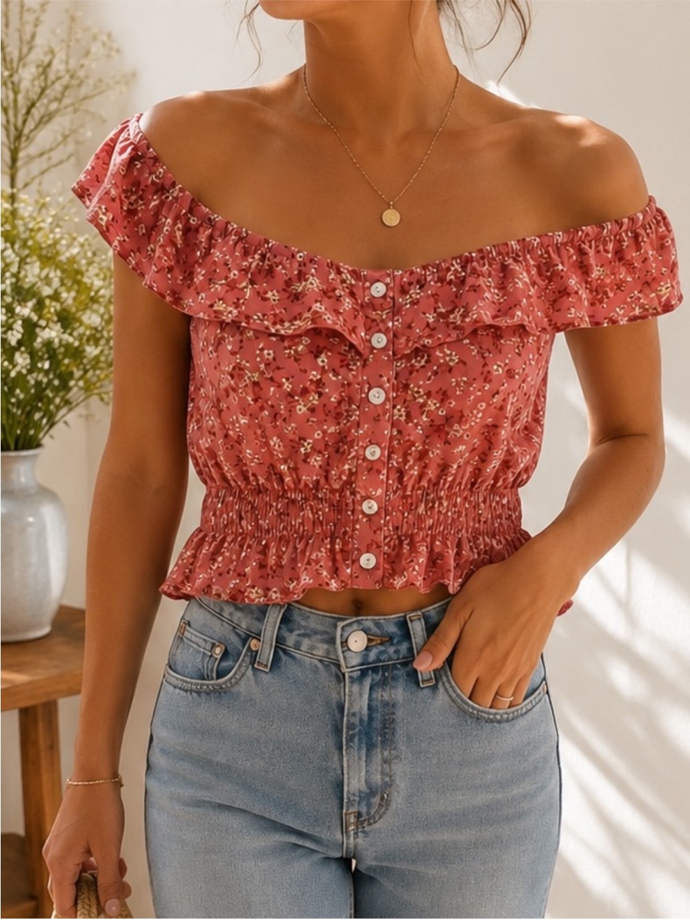 American Eagle Boho Dusky Rose Floral Off-Shoulder Ruffle Crop Top Size M